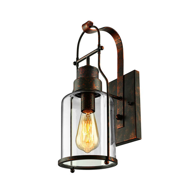 BowLift | Cylinder clear glass wall-mounted lamp industrial single bulb living room wall sconce in black/white/rust with cage