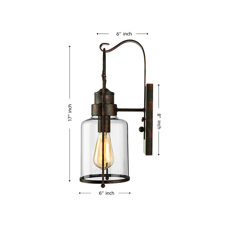 BowLift | Cylinder clear glass wall-mounted lamp industrial single bulb living room wall sconce in black/white/rust with cage
