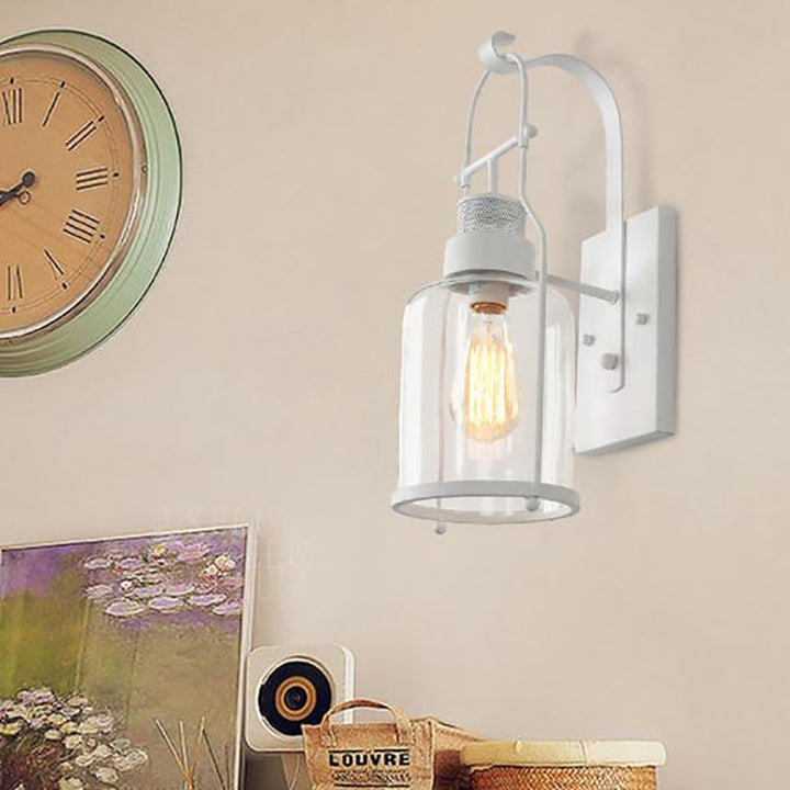 BowLift | Cylinder clear glass wall-mounted lamp industrial single bulb living room wall sconce in black/white/rust with cage