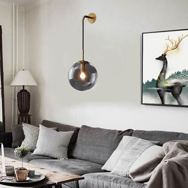 BowLift | Modern Spherical Wall Lamp 1 Bulb Smoke Glass Wall Light in Black/Brass for the Living Room, 8"/10"