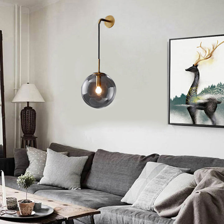 BowLift | Modern Spherical Wall Lamp 1 Bulb Smoke Glass Wall Light in Black/Brass for the Living Room, 8"/10"