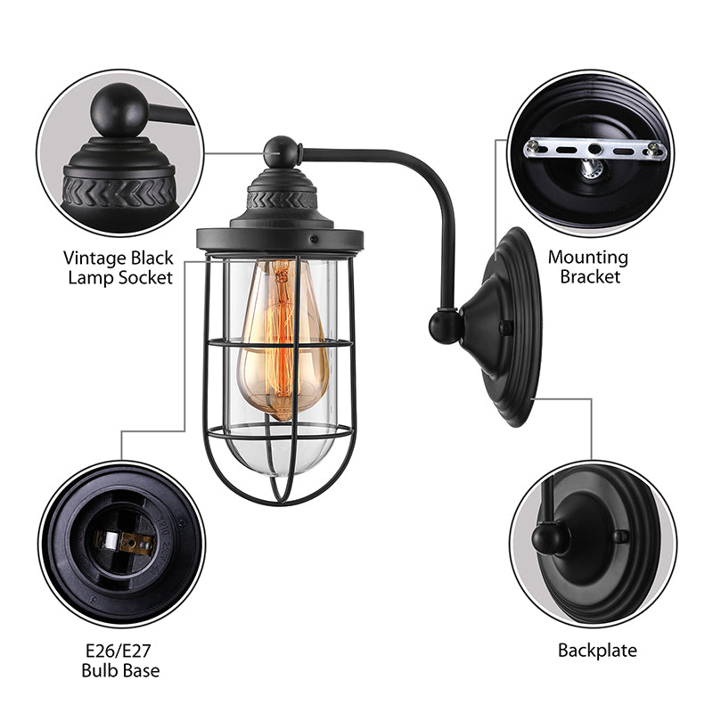 BowLift | Industrial wire cage wall lighting 1/2-lamp clear glass wall lamp in black for stairs.