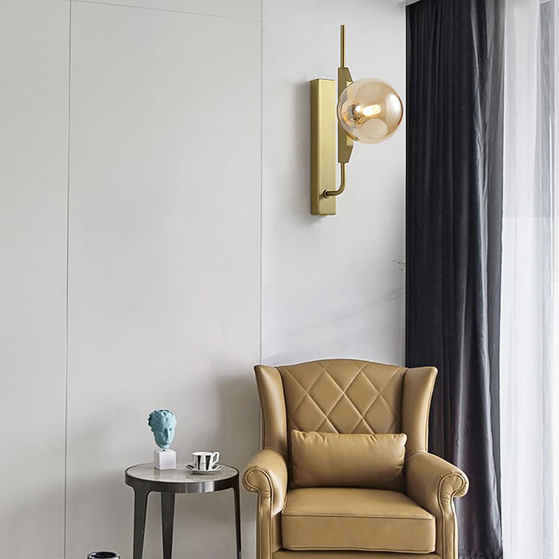 BowLift | LED Bedroom Wall Light with Spherical Smoky/White/Amber Glass Shade Modern Brass Wall Mount Light