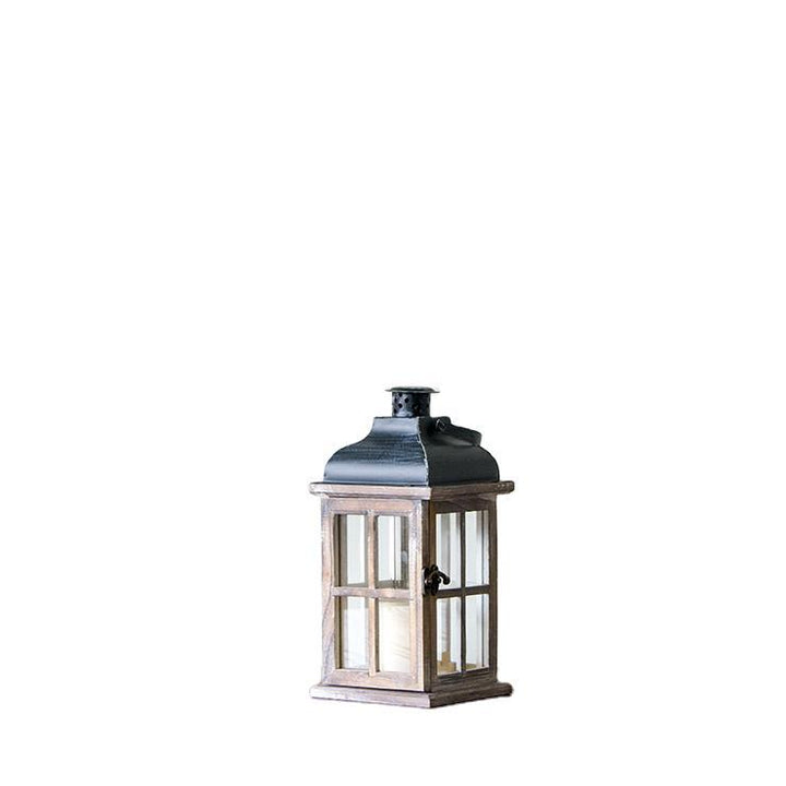 Multi-Piece Rustic Wooden Candle Lanterns with Metal Tops and Paneled Glass Bowlift