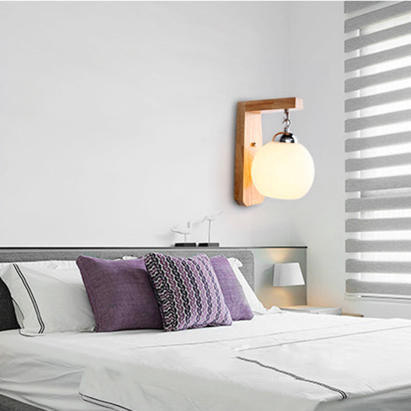 BowLift | Modern Globe Pendant Light Opal Glass 1-Bulb White Wall Lamp with Wooden Base for the Bedroom