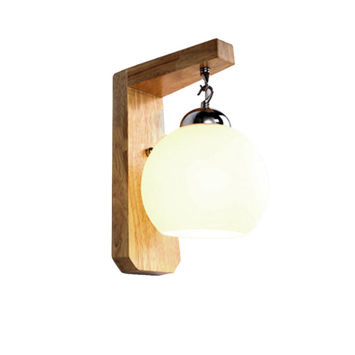 BowLift | Modern Globe Pendant Light Opal Glass 1-Bulb White Wall Lamp with Wooden Base for the Bedroom
