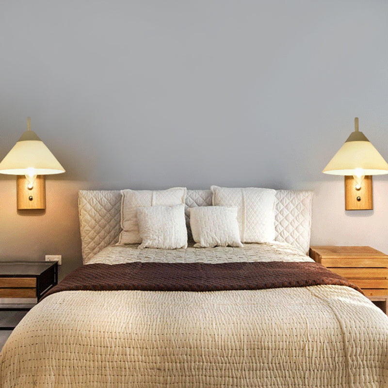 BowLift | Milk glass conical wall lamp dining room corridor 1 light modern wall light with wooden base