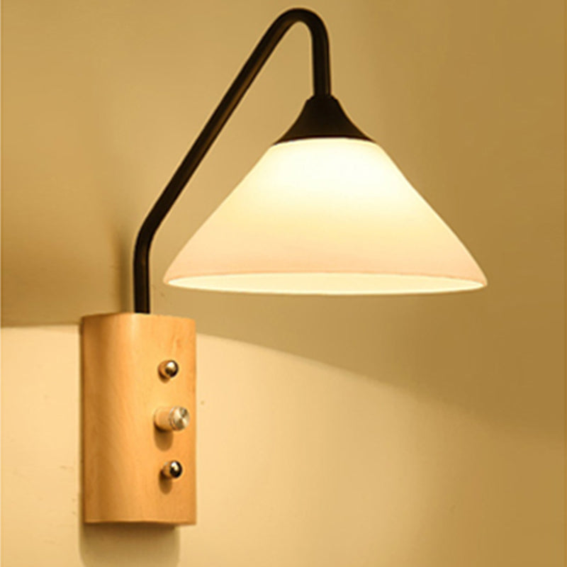BowLift | Milk glass conical wall lamp dining room corridor 1 light modern wall light with wooden base