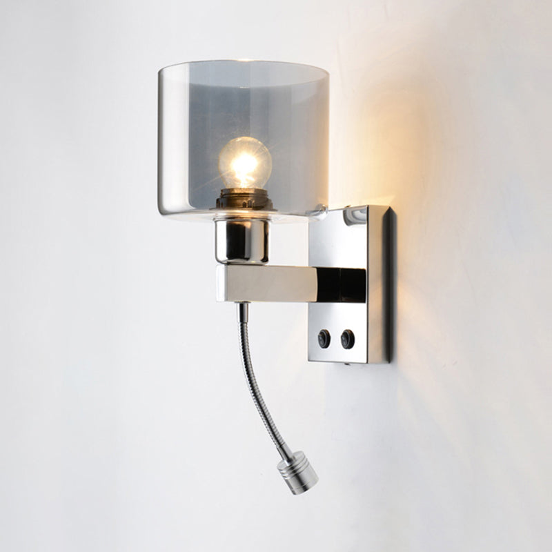 BowLift | Cylindrical gray glass wall lamp modernist 1 light chrome wall light with 1 switch/2 switches/no switch