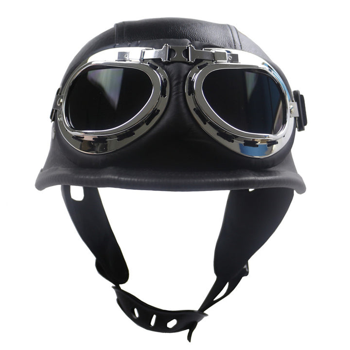 Vintage-Styled Motorcycle Helmet with Integrated Goggles Bowlift