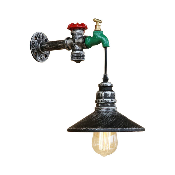 BowLift | Steampunk Wall Lamp with Conical Shade 1 Lamp Cast Iron Wall Light in Aged Silver