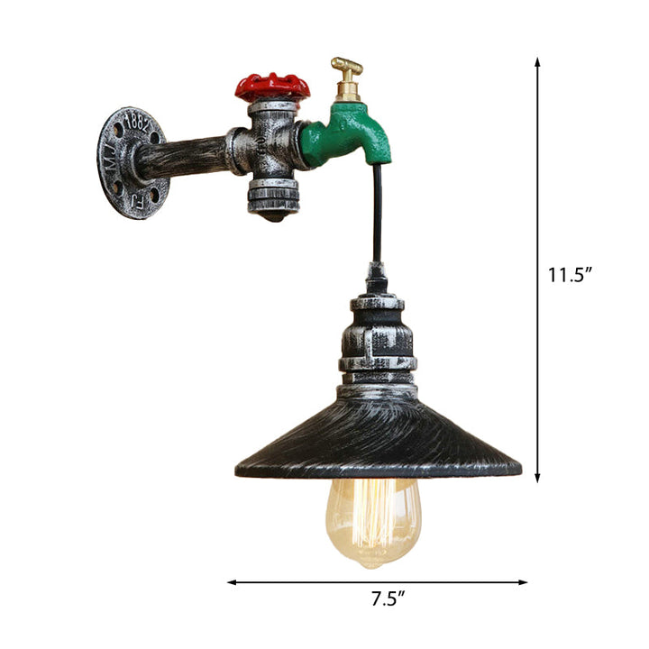 BowLift | Steampunk Wall Lamp with Conical Shade 1 Lamp Cast Iron Wall Light in Aged Silver