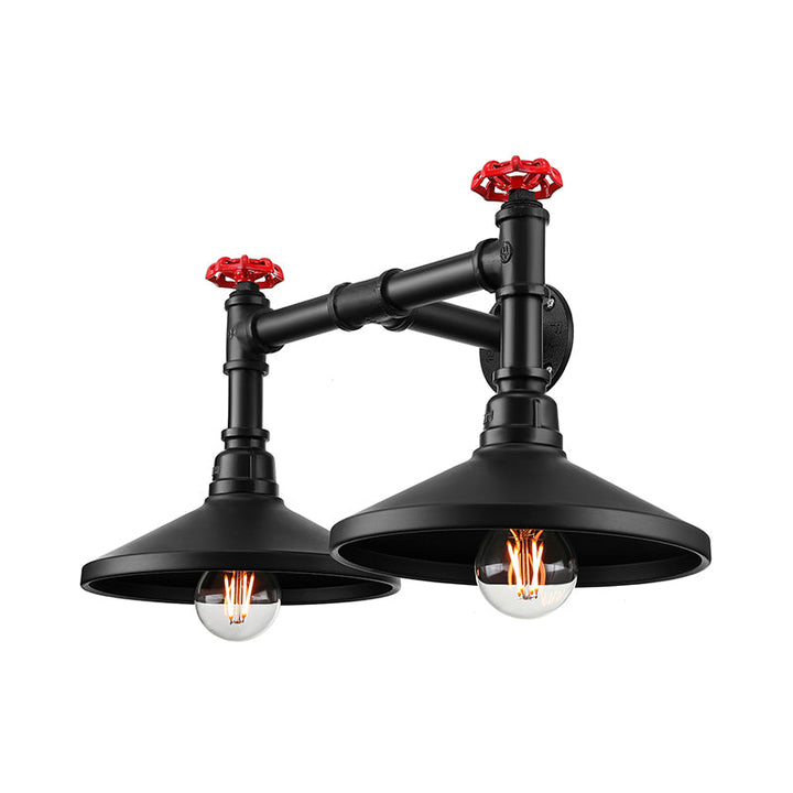 BowLift | Industrial Cone Wall Lamp with Raw Valve 2 Heads Metal Wall Light in Black for Hallway