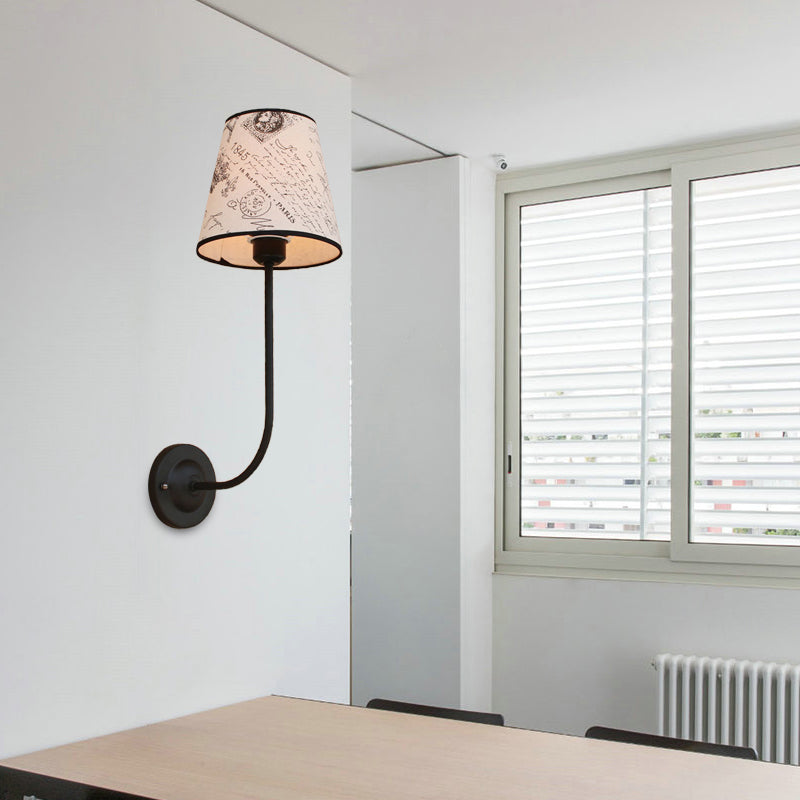 BowLift | Vintage Conical Wall Lamp 1 Head Fabric and Metal Wall Mount Fixture with Curved Arm in White