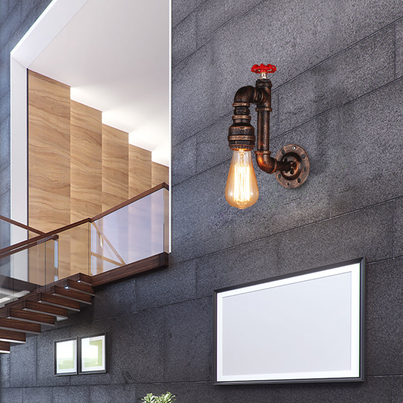 BowLift | Rustic Style Pipe Wall Sconce with Valve Wheel 1 Bulb Wrought Iron Wall Mounted Light in Bronze