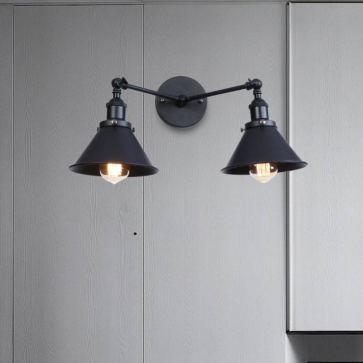 BowLift | Tapered Umbrella Iron Wall Mount Light Industrial Vintage 2 Heads Farmhouse Wall Mount Light in Black/Brass