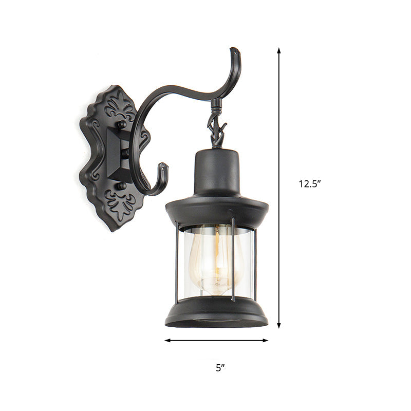 BowLift | Lantern Clear Glass Wall Mounted Lamp Vintage Single Bulb Outdoor Wall Light in Black with Carved Pattern