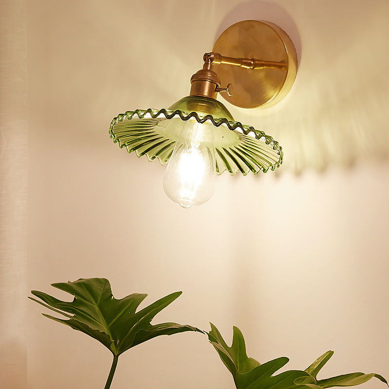 BowLift | Industrial Bowl Wall Lighting Fixture 1 Bulb Green Glass Wall Light in Brass