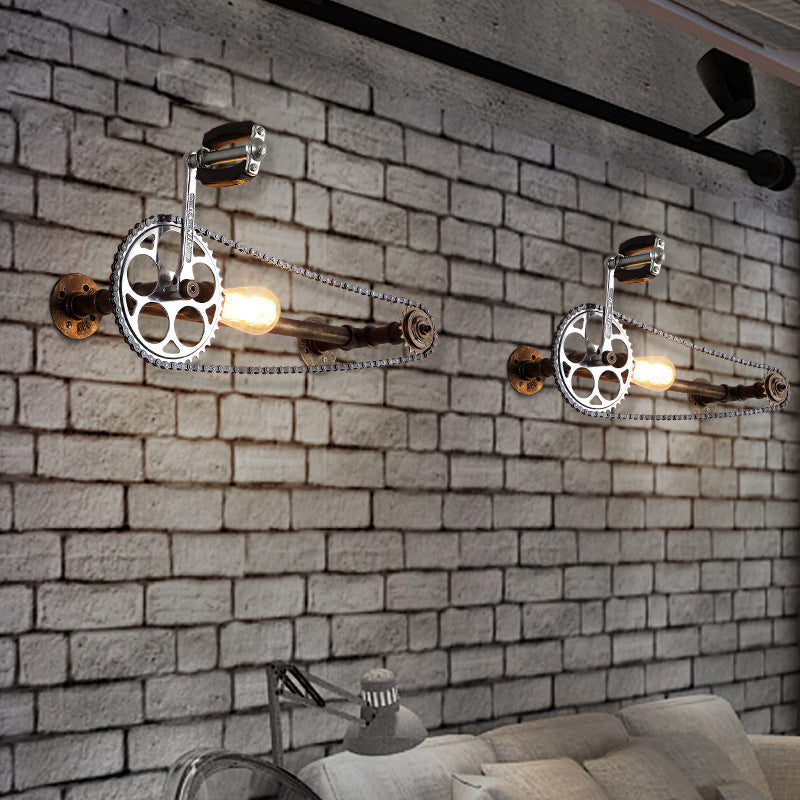 BowLift | Iron Gear Bicycle Wall Lamp Stock 1 Light Restaurant Wall Mounted Lamp in Bronze with Pipe Arm