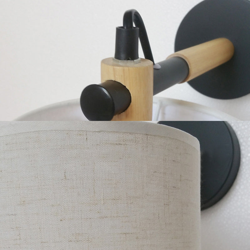 BowLift | Fabric Cylindrical Wall Light Modernist 1 Light Bedroom Wall Mounted Light with Wood Connection in Black/White