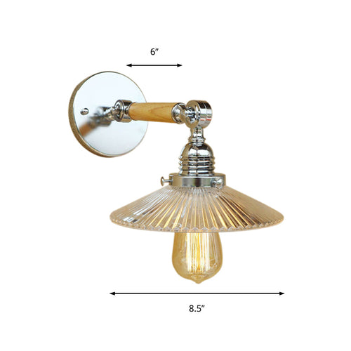BowLift | 1 Light Clear Ribbed Glass Wall Sconce Light Industrial Chrome Cone Living Room Lighting Fixture, 8