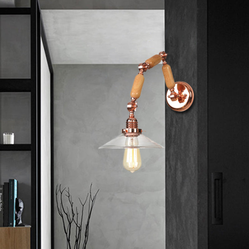 BowLift | Cone-shaped Clear Glass Wall Lamp Vintage Single Bulb Living Room Sconces Light in Rose Gold with Arm