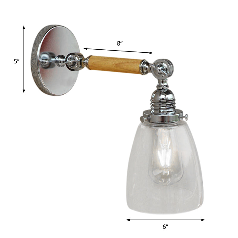 BowLift | Single-layer wall lamp with dome shade clear glass industrial living room light, 8"/4"/6" L wood arm