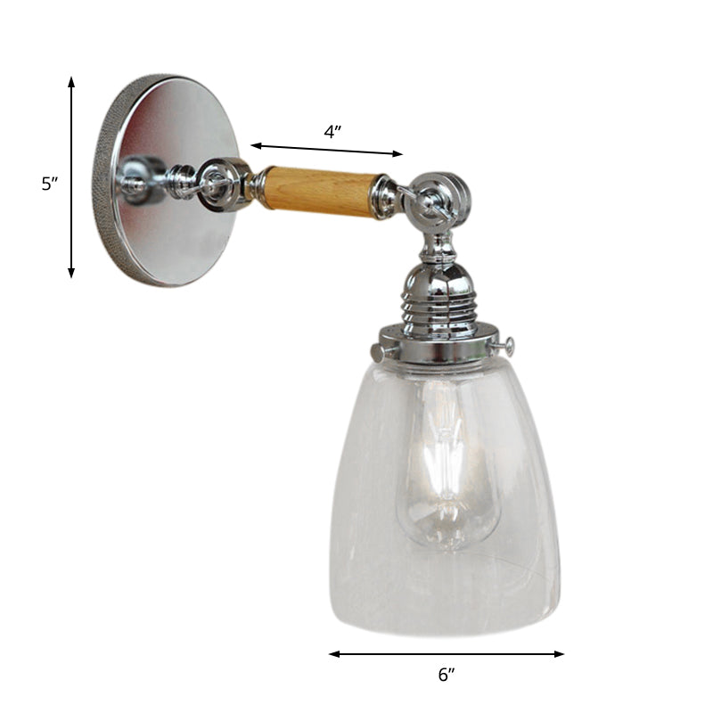 BowLift | Single-layer wall lamp with dome shade clear glass industrial living room light, 8"/4"/6" L wood arm