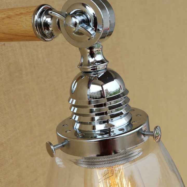 BowLift | Single-layer wall lamp with dome shade clear glass industrial living room light, 8"/4"/6" L wood arm
