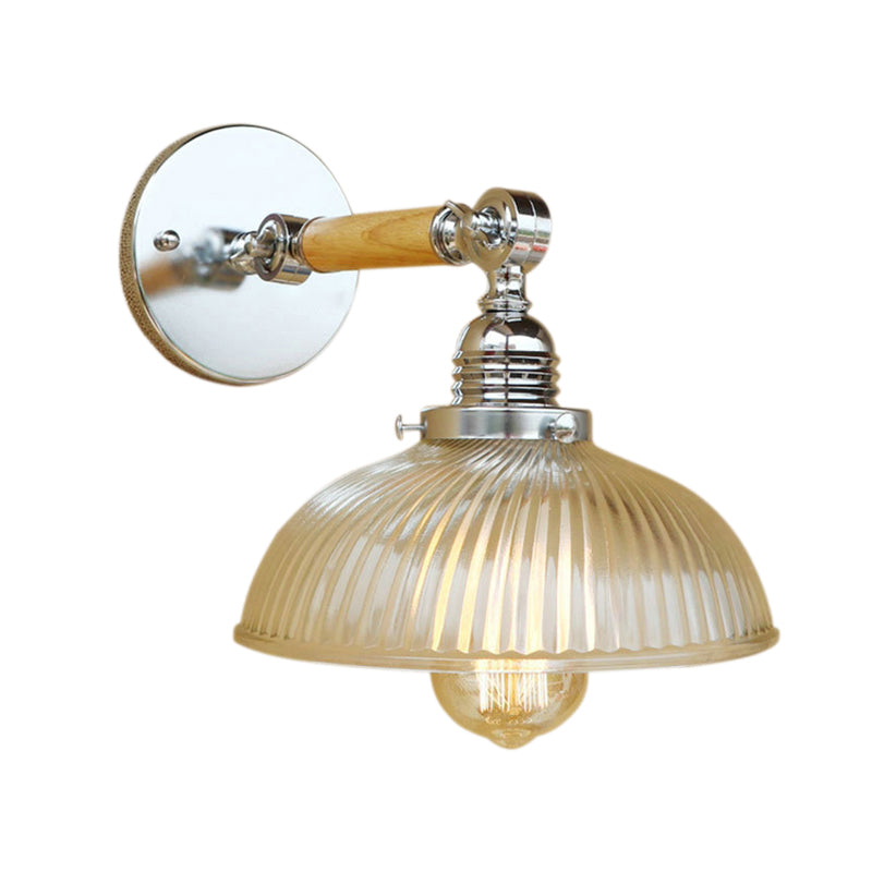 BowLift | Curved Living Room Wall Light Fixture Antique Stylish Ribbed Glass 1 Light Clear Wall Lamp for Hallway, 8"/4"/6" L Wooden Arm