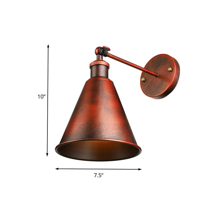 BowLift | Black/Rust 1 Head Wall Lamp Farmhouse Style Wrought Iron Conical Adjustable Wall Light Fixture for Outdoor