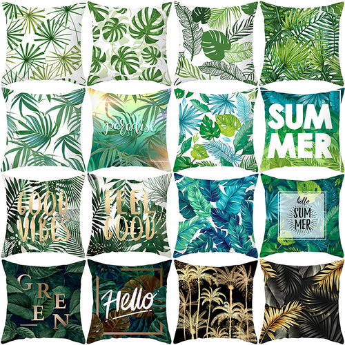 Tropical Printed Decorative Pillow Cover with Foil-Effect Script