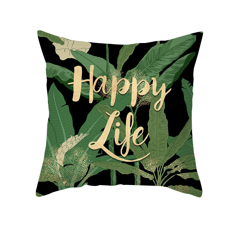 Tropical Printed Decorative Pillow Cover with Foil-Effect Script