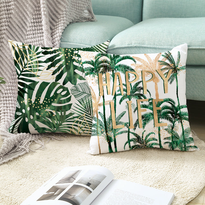 Tropical Printed Decorative Pillow Cover with Foil-Effect Script