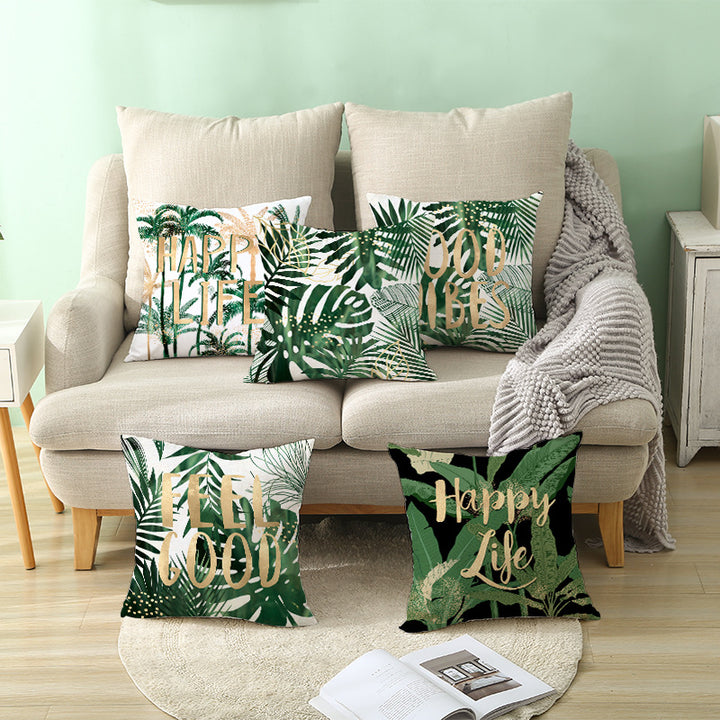 Tropical Printed Decorative Pillow Cover with Foil-Effect Script