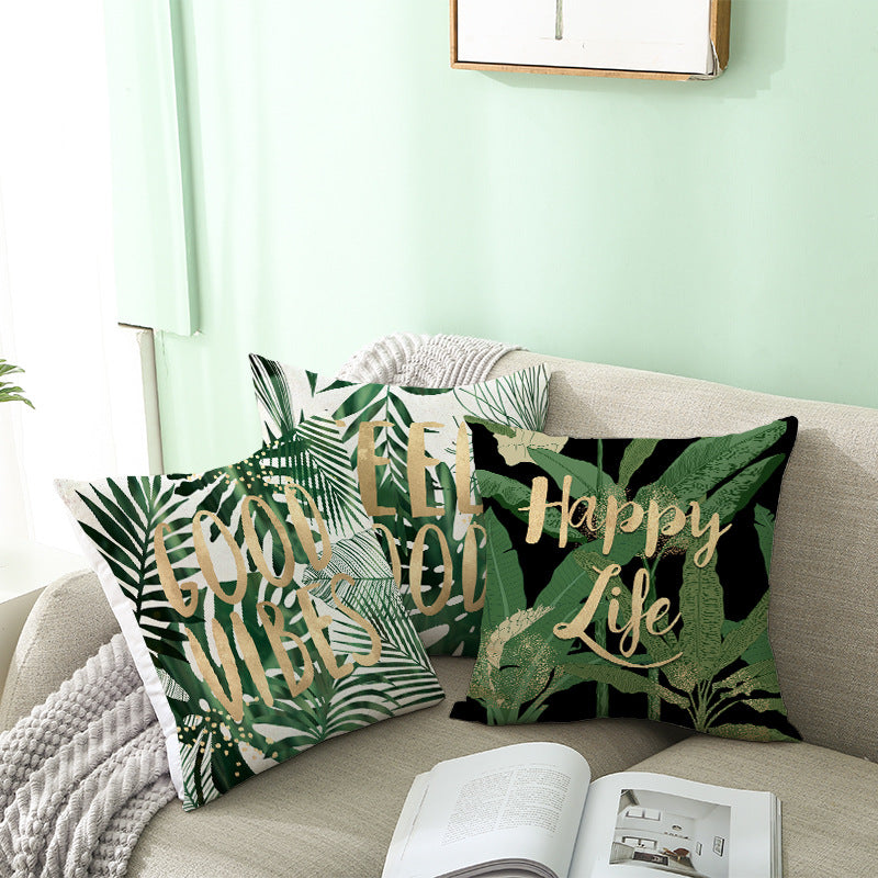 Tropical Printed Decorative Pillow Cover with Foil-Effect Script