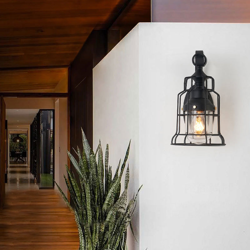 BowLift | 1 Light Bell Shade Wall Lamp Industrial Black Glass Wall Lamp for Corridor with Metal Cage Frame