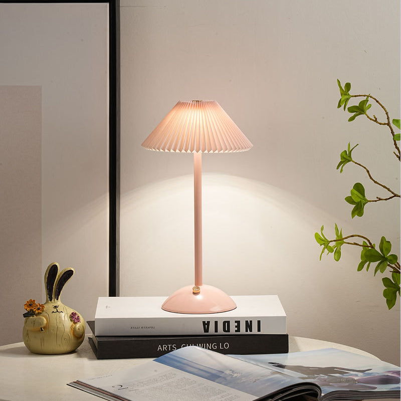 BowLift | Contemporary Scandinavian rechargeable iron fabric cone pleated LED table lamp for bedside