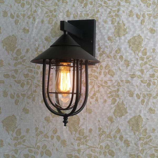 Vintage Industrial Iron Lantern Indoor Outdoor 1-Light Wall Sconce Lamp | Bowlift