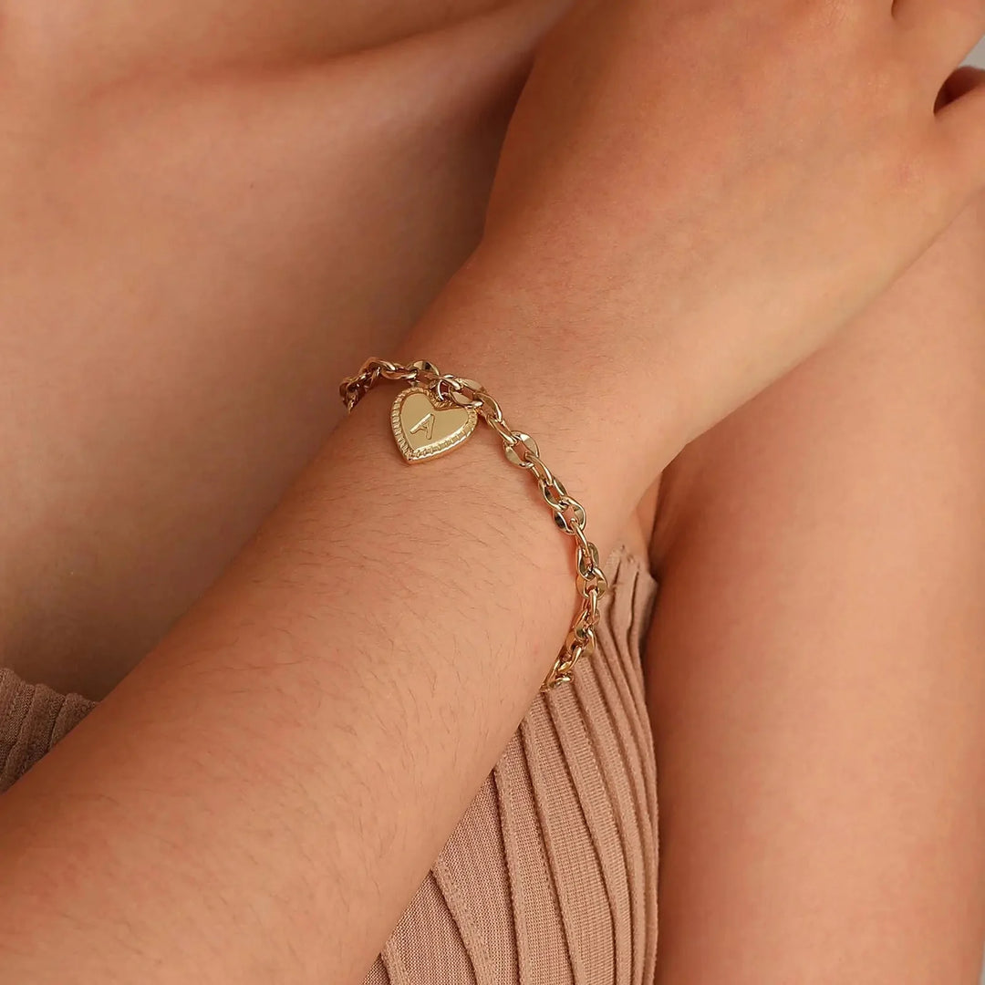 BowLift | 14k Dainty Heart Engraved Letter Initial Bracelet