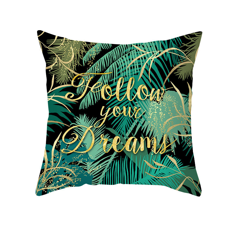 Tropical Printed Decorative Pillow Cover with Foil-Effect Script