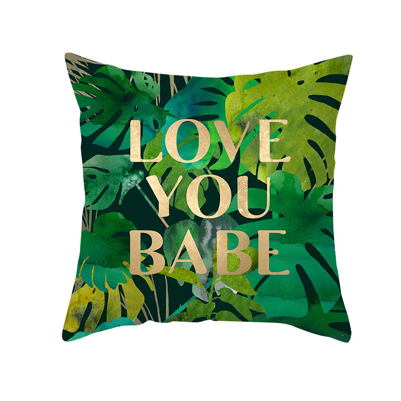 Tropical Printed Decorative Pillow Cover with Foil-Effect Script
