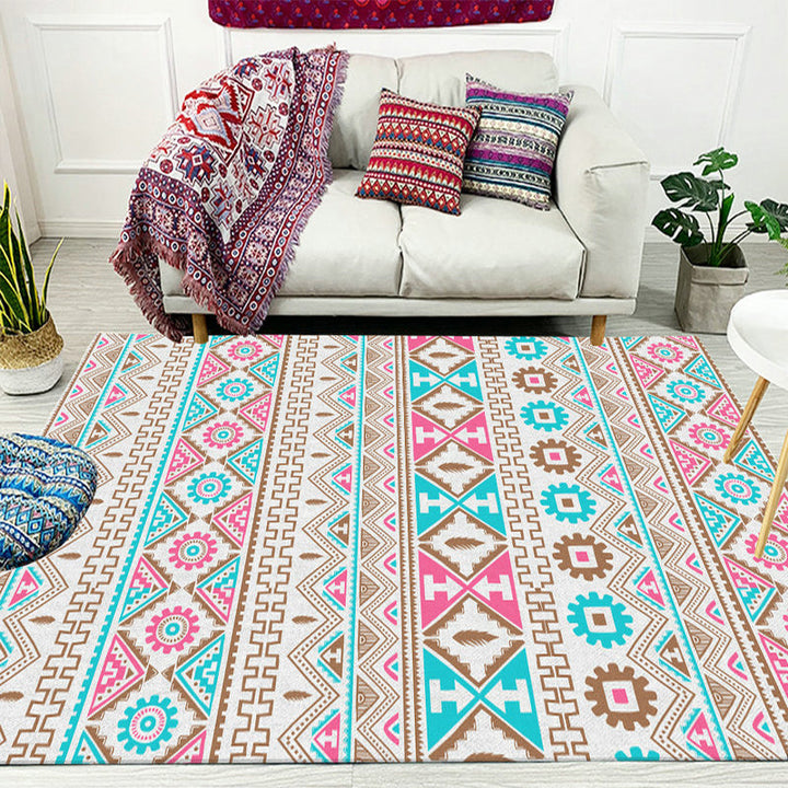 BowLift | Banded Tribal printed rug with Native symbols washable non-slip stain-resistant rug for the bedroom in blue and pink