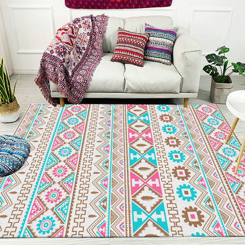 BowLift | Banded Tribal printed rug with Native symbols washable non-slip stain-resistant rug for the bedroom in blue and pink