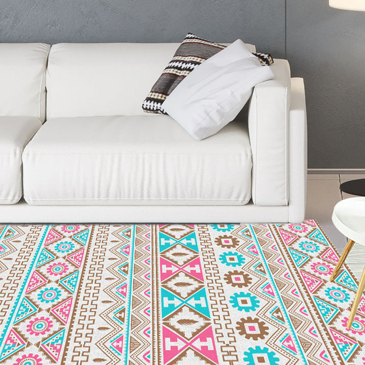 BowLift | Banded Tribal printed rug with Native symbols washable non-slip stain-resistant rug for the bedroom in blue and pink