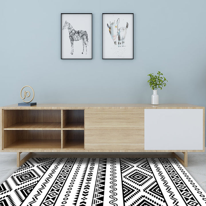 BowLift | Country Tribal Washable Rug Black and White Ethnic Geometric Rug Stain Resistant Polyester Rug for the Living Room