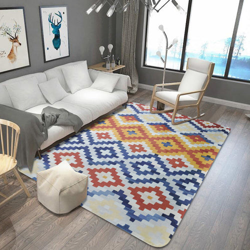 BowLift | Tribal Ancestral Rug with Aztec Diamond in Orange and Blue, stain-resistant Power Loom rug for the bedroom