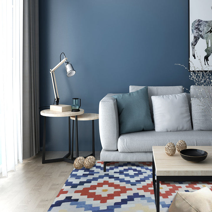 BowLift | Tribal Ancestral Rug with Aztec Diamond in Orange and Blue, stain-resistant Power Loom rug for the bedroom