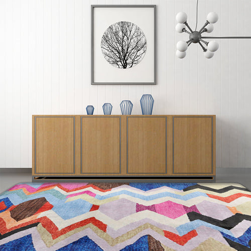 BowLift | Abstract Colorful Mosaic Carpet with Striped Chevron Fabric Anti-Slip Power Loom Flooring for the Living Room
