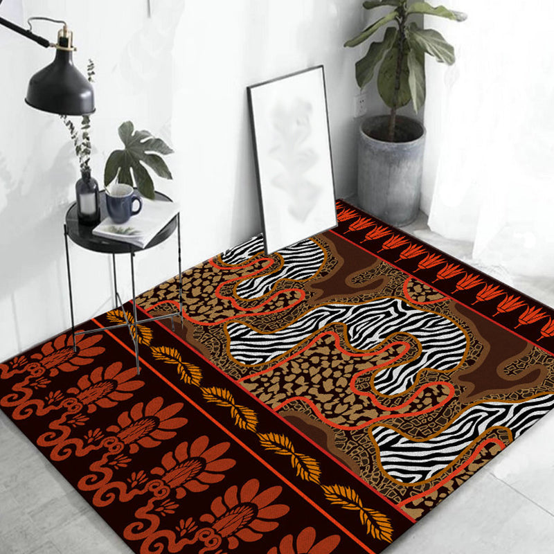 BowLift | Paisley and Leopard Tribal Rug in Orange Indian Americana Scroll Synthetic Flooring Pet Friendly Stain Resistant Indoor Carpet